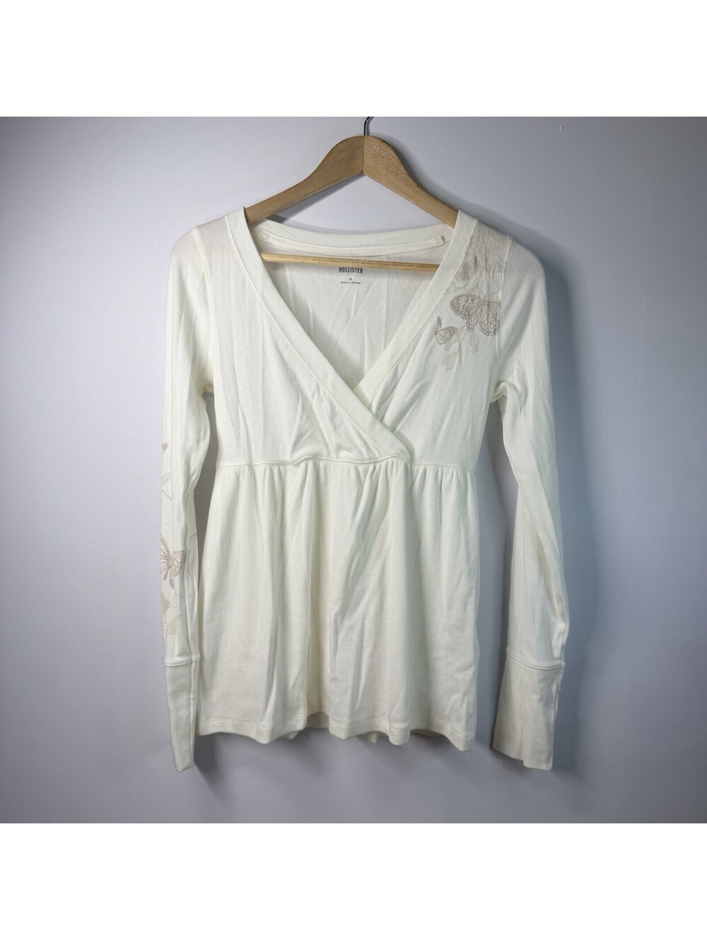 Hollister Easy Long Sleeve Butterfly Babydoll Top Y2K Ribbed Size M Fairycore